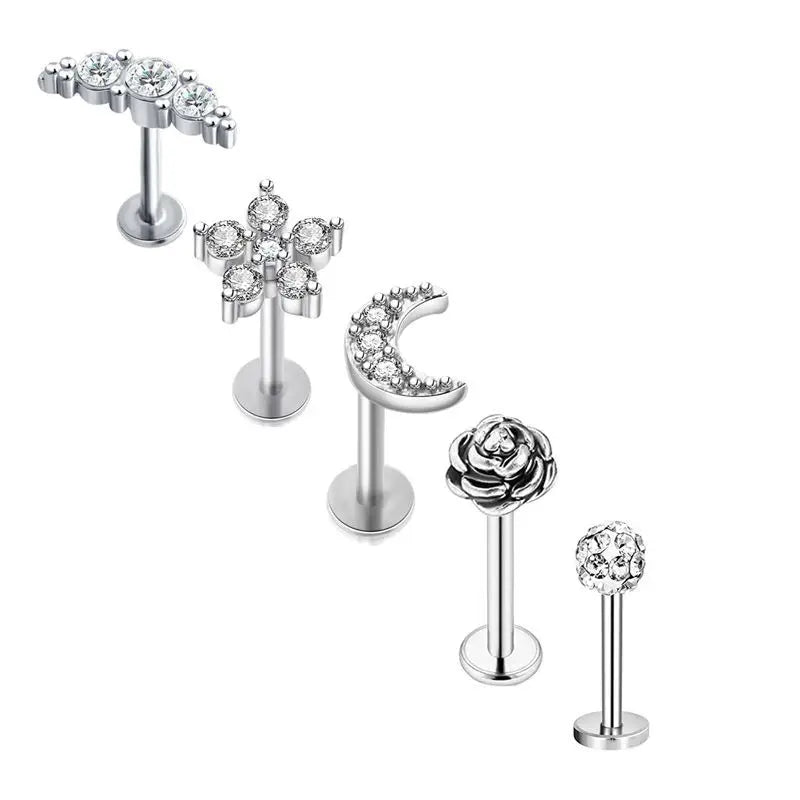 5PCS Flower Tragus Piercing Set Flat Back Cz Cartilage Stud Earring Helix Jewelry Conch Rook Stud Lot Labret Lip Piercing Bulk 5PCS Set11
