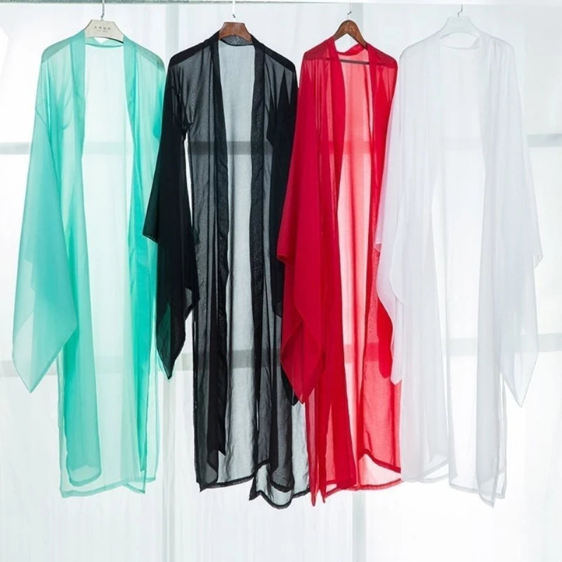 2025 new summer women long chiffon Cardigan sunscreen three quarter sleeve black blue white fashion thin cardigan