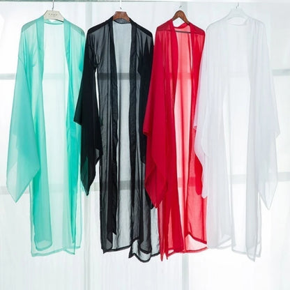 2025 new summer women long chiffon Cardigan sunscreen three quarter sleeve black blue white fashion thin cardigan