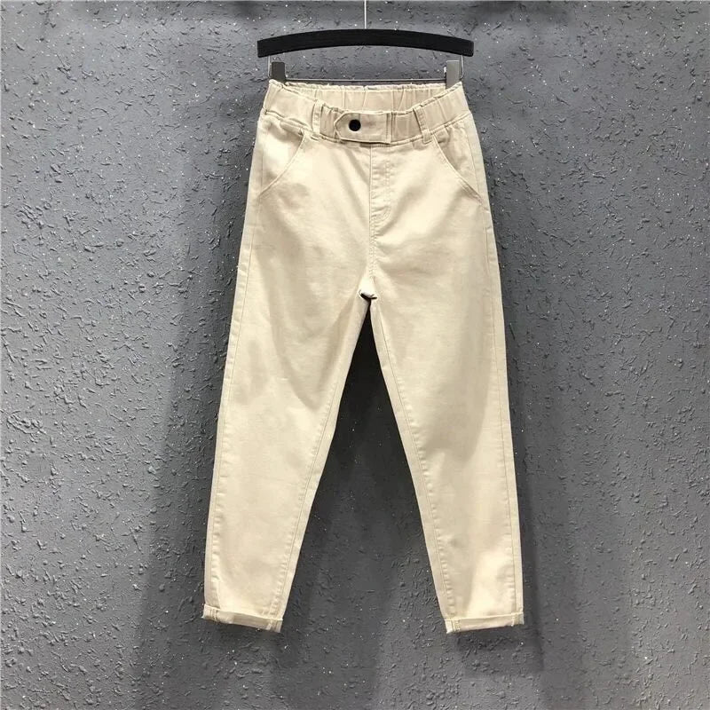 New Spring Summer Women Casual Harem Pants All-matched Casual Cotton Denim Pants Elastic Waist Solid Yellow White Jeans Female Light Khaki