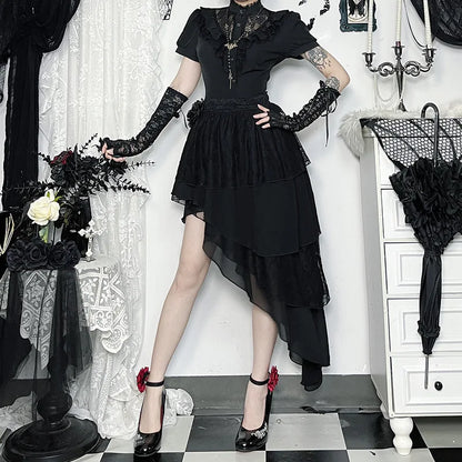 Harajuku American Fashion Gothic Black Irregular Layer Spliced Layered Skirt Women's Summer Fashion Street Y2K Long Skirt