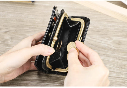 CONTACT'S Genuine Leather Short Wallets for Women Kiss Lock Classic Wallet Metal Frame Coin Purses Card Holder Money Clip Bags