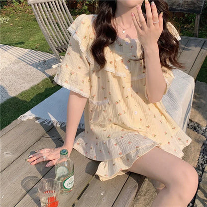 Summer New Women's Princess Style Sweet Pajamas Homewear Set Girls Lace Small Floral Summer Short-Sleeved Shorts Loose Pajamas