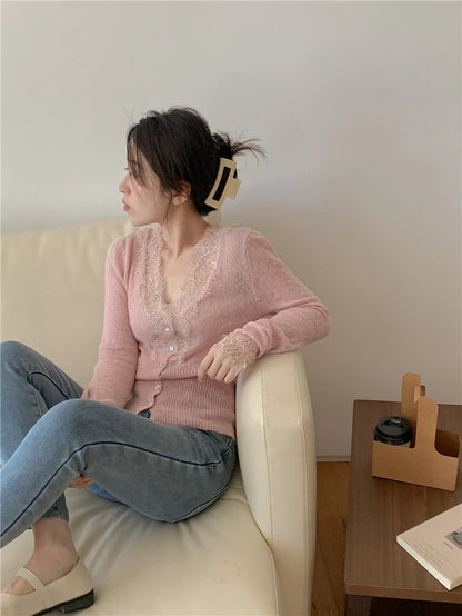 High-fashion Kawaii Botton Up Lace Patchwork Knitted Cardigan Women Autumn Winter Ladies Elegant Vintage Sweater Cheap Wholesale