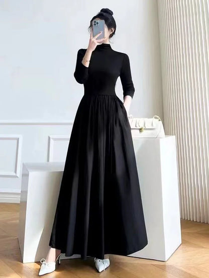 Lucyever French Style Black A-Line Dresses Women Elegant High Waist Long Sleeve Midi Dress Autumn Winter Slim Fit Maxi Dress