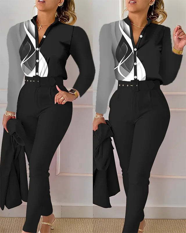 Women's Shirt 2 Pieces Suit Set 2024 Fall Print V Neck Long Sleeve Top Casual High Waist Pockets Work Female Clothes Pants Set