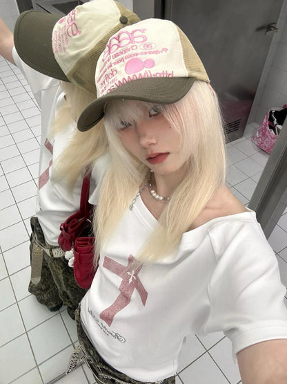 Tawaaiw Gothic Print Cross T Shirt Women Off Shoulder Short Sleeve Graphic Tee Female Clothing Korean Fashion 2000s Clothes Y2k