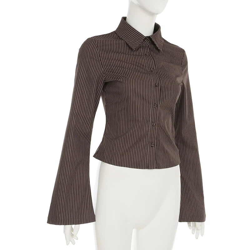 New Women Striped Shirt Casual Turn Down Collar Flare Sleeve Slim Fit Button Up Blouse Minimalist Aesthetic