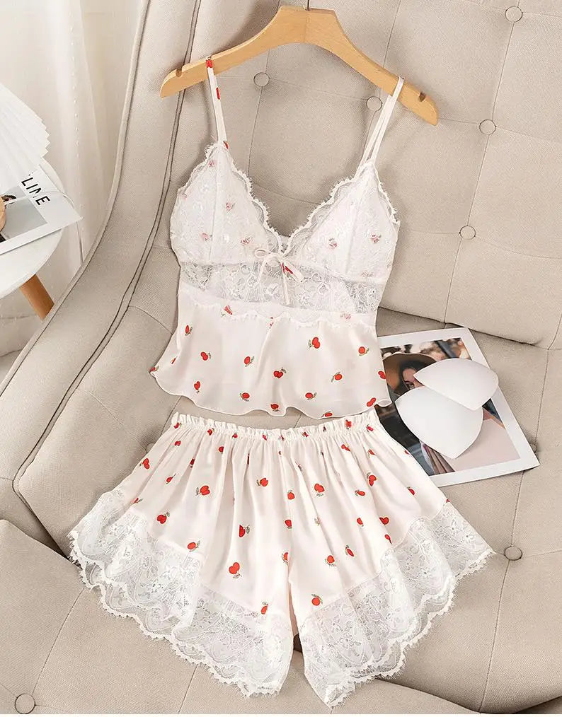 Summer Print Pyjamas Suit Women Sleepwear Lace Hollow Out Pajamas Set Sexy Strap Top&Shorts PJS Lingerie Satin Homewear