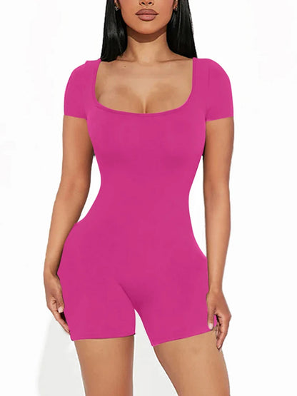 2025 Summer New Women's Sexy Solid Color Short Sleeve U Neck Jumpsuit Short Jumpsuit Yoga Fitness One Piece Polyester Rose