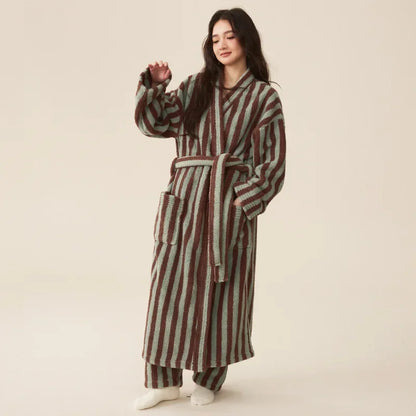 Thickened Flannel Robe Pants Pajamas Set Autumn Winter New Couple Coral Velvet Women Men Bathrobe Striped Lengthed Home Clothes women robe pants 1