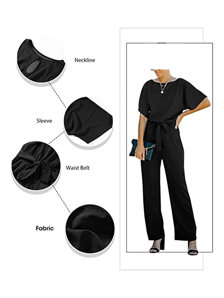 Women's clothing summer 2024 Jumpsuit, Elegant Short Sleeve Hollowed Waist Tie Solid Summer Wide Leg Pants Badiee Stylez