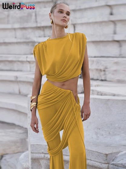 Weird Puss Elegant Irregular 2Piece Set Summer Women Chic Classic Tank Tops+Skirts Pants Matching Trend Ruched Suits Streetwear Badiee Stylez
