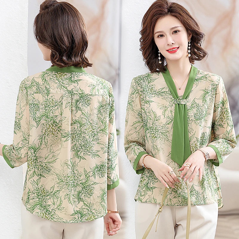 Women's Shirt Middle-aged Mother Elegant Summer Lady Shirts Bandage Floral Printed Chiffon Shirt Blouse Women's Clothing