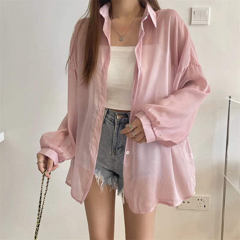 Semi Sheer Long Sleeve Shirt for Women Shimmer Button Down Collared Plain Lightweight Shirt Spring Summer Chic Tops Outfit Pink One Size