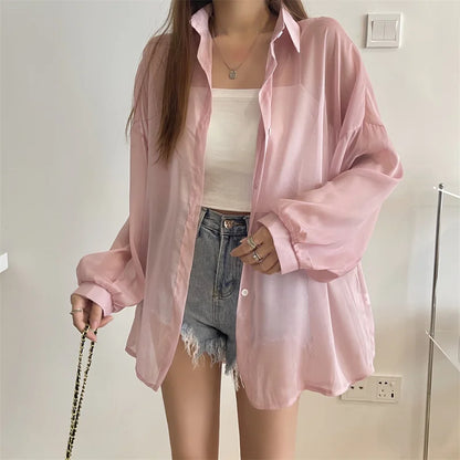 Semi Sheer Long Sleeve Shirt for Women Shimmer Button Down Collared Plain Lightweight Shirt Spring Summer Chic Tops Outfit Pink One Size