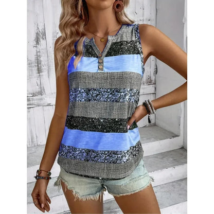 Plus Size 1XL-5XL New Women's Summer Casual Color Block Striped Patchwork Printed V-neck Sleeveless Vest