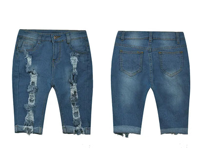 Summer New Fashion Women's American Washed Blue Solid Color High Waist Hole Patched Denim Shorts Skinny Jeans Shorts Female