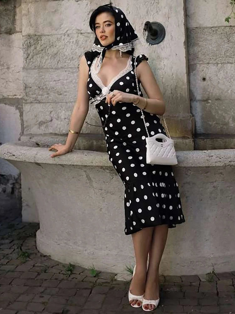 Polka Dot Ruched Dress Elegant Birthday Party Skinny Bodycon Sexy Backless Dress Women Flying Sleeve Lace Trim Applique Black