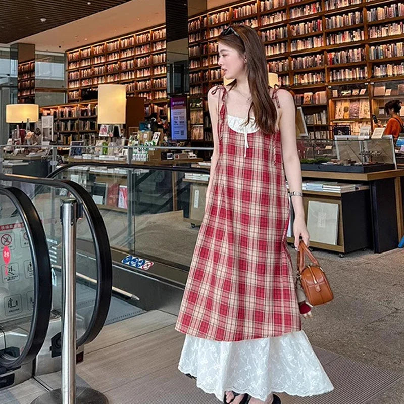 Women Plaid Fake Two Piece Suspender Dress Women Summer Retro Loose Long Lace Patchwork Plaid Sleeveless Dress for Women 2025