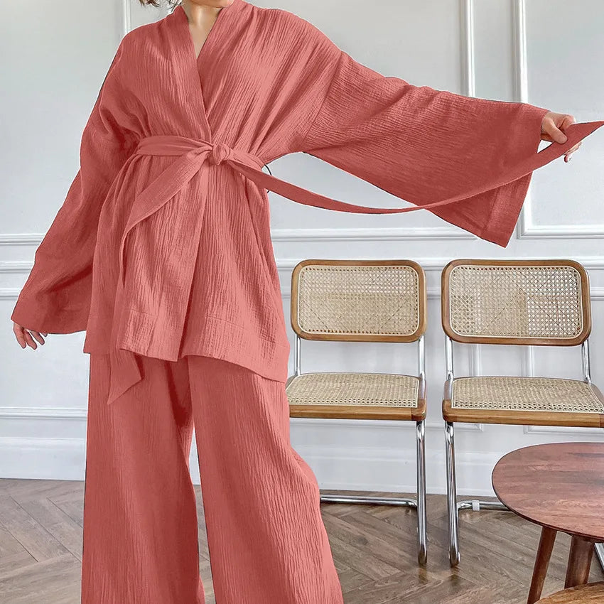 NHKDSASA Kimono Pajamas 2023 New 100% Cotton Crepe Long-Sleeved Trousers Ladies Sleepwear Suit Women's Home Service Mujer New Orange