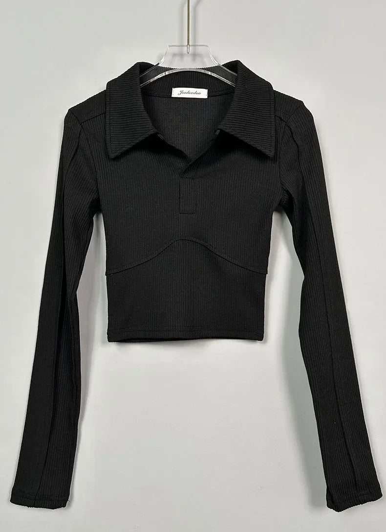 Elegant Coquette Women's Polo Neck T-Shirt - Long Sleeve, Chic Style, Effortless Elegance