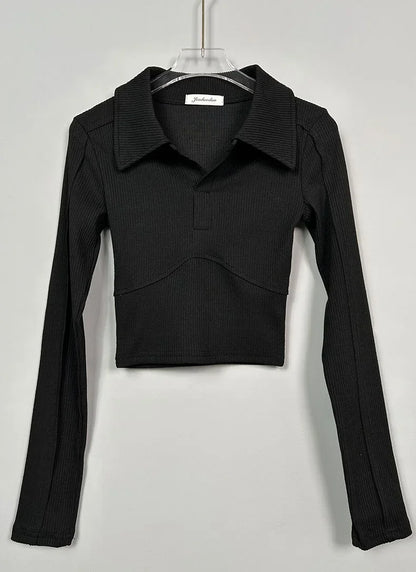 Elegant Coquette Women's Polo Neck T-Shirt - Long Sleeve, Chic Style, Effortless Elegance