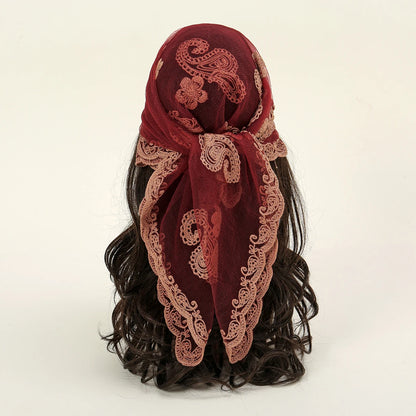 Lace Paisley Embroidery Bandana Square Scarf Elegant Breathable Silk Scarves Women Sunscreen Lightweight Shawl Headband VS661-04