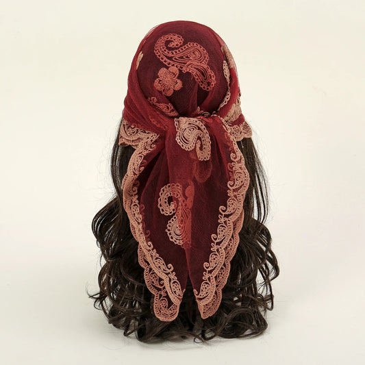 Lace Paisley Embroidery Bandana Square Scarf Elegant Breathable Silk Scarves Women Sunscreen Lightweight Shawl Headband VS661-04