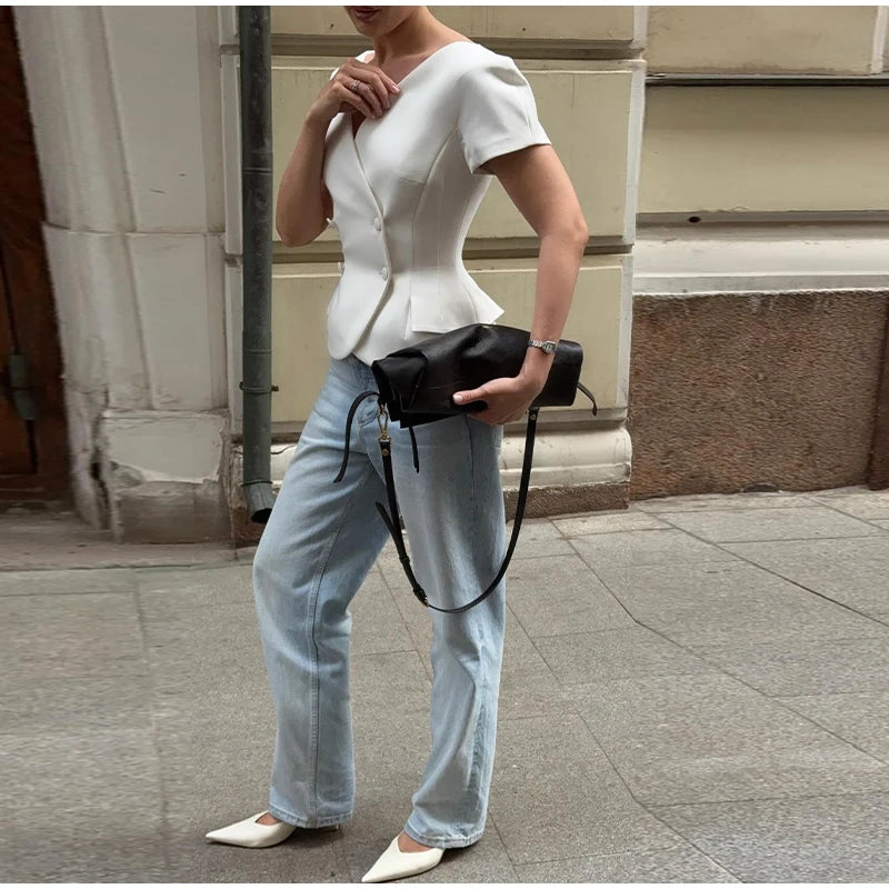 Elegant Short Sleeve Women's Top 2025 Summer Fashion V-neck Button Slim Office Lady Commuting Tops Street Solid Female Shirt