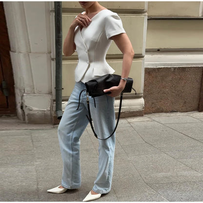 Elegant Short Sleeve Women's Top 2025 Summer Fashion V-neck Button Slim Office Lady Commuting Tops Street Solid Female Shirt