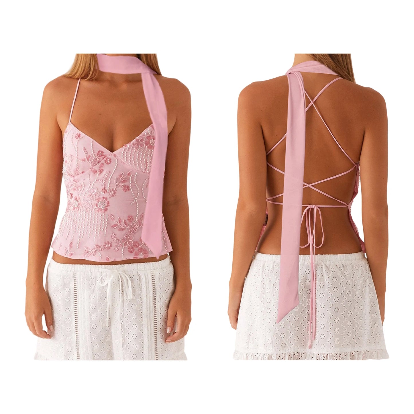 Combhasaki Women Summer Sleeveless Beading Camis Top V-neck Tie-up Cross Backless Pearl Glitter Sequin Flower Embroideried Vest Pink with Scarf