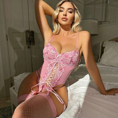 Ellolace Fancy Sexy Lingerie 3-Piece Corset Lace Up Beautiful Underwear with Stocking Luxury g-String Pink Intimate Goods Pink
