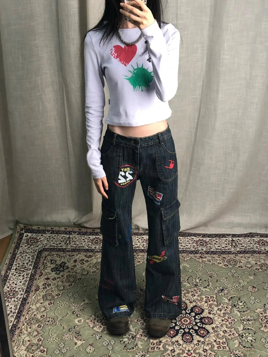 Karrram Vinatge Y2k Baggy Jeans Japanese 2000s Style High Waist Flared Jeans American Retro Denim Cargo Pants Harajuku Trousers