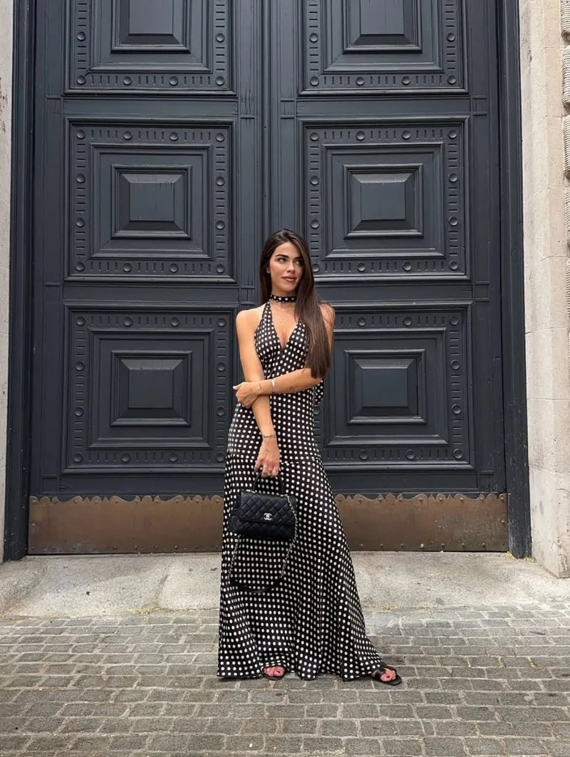 Trendix Polka Dot Print Backless Dress Women Summer Sexy Deep V Neck Sleeveless Off Shoulder Maxi Dresses Elegant Evneing Dress