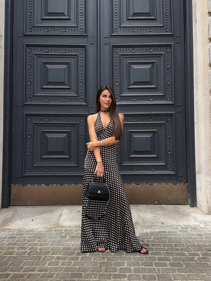 Trendix Polka Dot Print Backless Dress Women Summer Sexy Deep V Neck Sleeveless Off Shoulder Maxi Dresses Elegant Evneing Dress