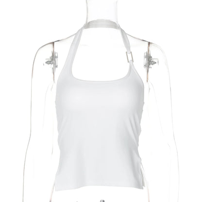 Dulzura Sleeveless Halter Side Slit Top With Button Sexy Casual Tank Party Club Streetwear Women’S Autumn Winter Clothes