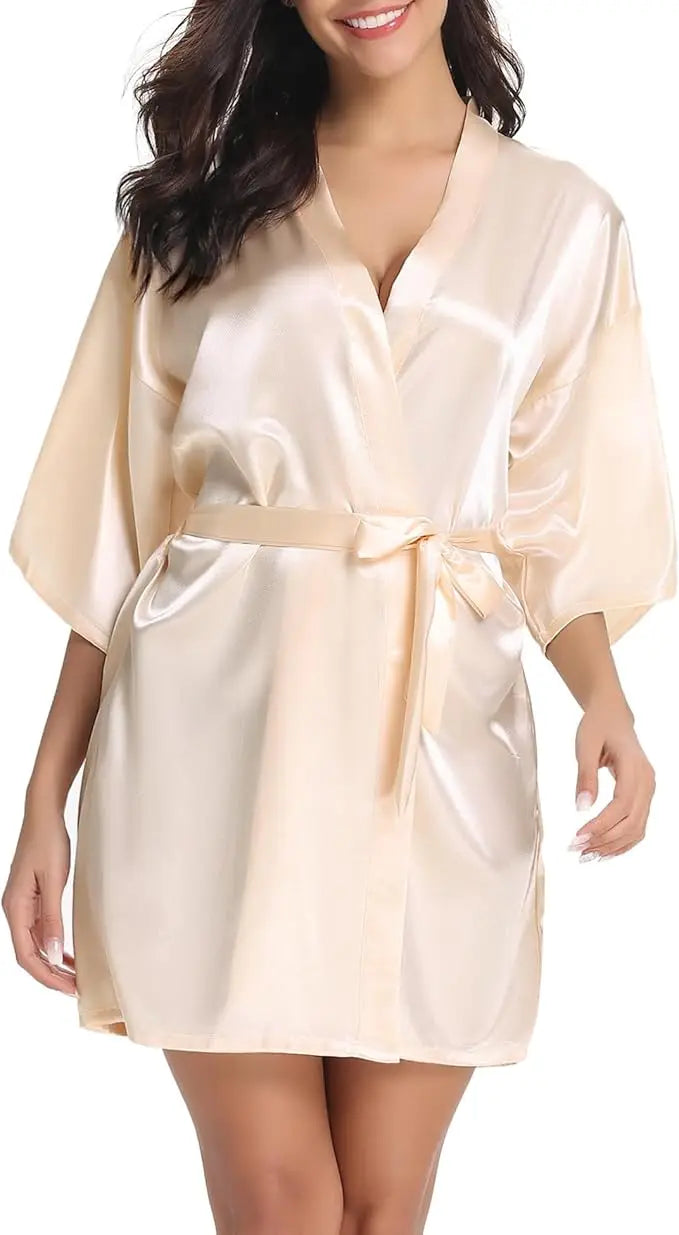 Womens Kimono Robes Dressing Gown Satin Bathrobe Nightdress Short Style Bridal Robe As the photo show 3