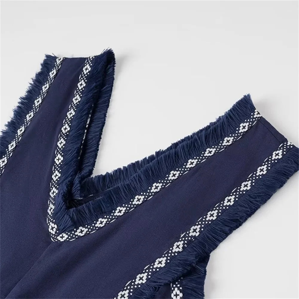 PB&ZA2024 Summer New Product: Casual Women's Fashion V-neck Sleeveless Waist Collection with Tassel Decoration Dress