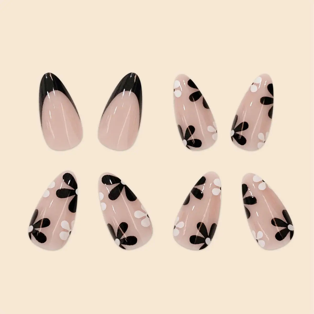 Women Girls 24Pcs Short Pink French Style Water Droplets Black White Small Flowers Simple Versatile Nail Art Fake Nails Set
