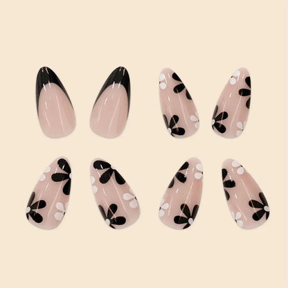 Women Girls 24Pcs Short Pink French Style Water Droplets Black White Small Flowers Simple Versatile Nail Art Fake Nails Set