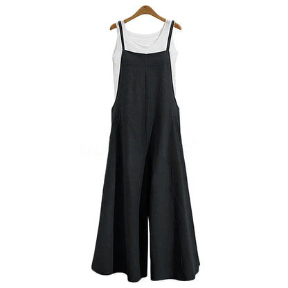 Women Straps Jumpsuit Summer Solid Color Wide Leg Pants Dungaree Bib Overalls Casual Loose Sleeveless Cotton Linen Jumpsuits 5Xl Badiee Stylez