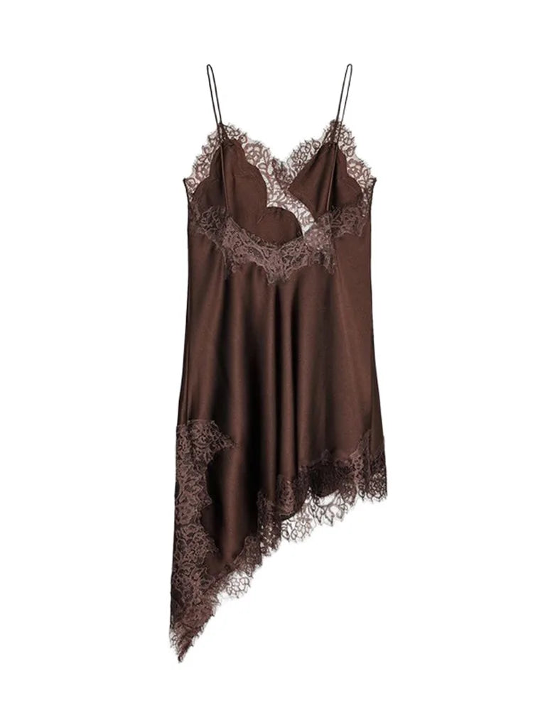 Sexy V-neck Sling Dress Women Fashion Sleeveless Lace Patchwork Irregular Mini Dresses 2025 Lady Summer Chic Casual Holiday Robe