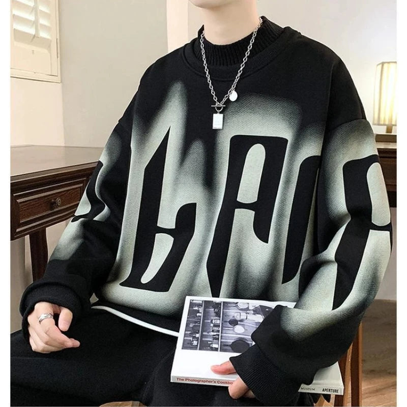 Autumn Winter Long Sleeve Print Letter Casual Hoodies Sweatshirts Thick Fake Two Pieces Fashion Tops Korean Trend Men Clothing