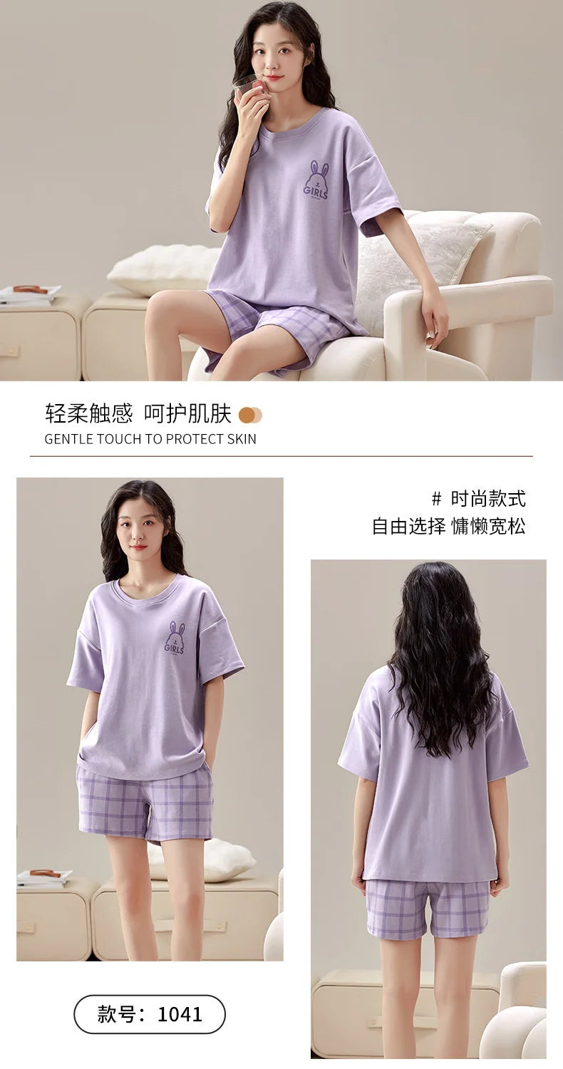 Summer 100% Cotton Women's Pajamas With Padded Bra Sweet Princess Cartoon Comfortable Short Sleeve Shorts Pajama Sets