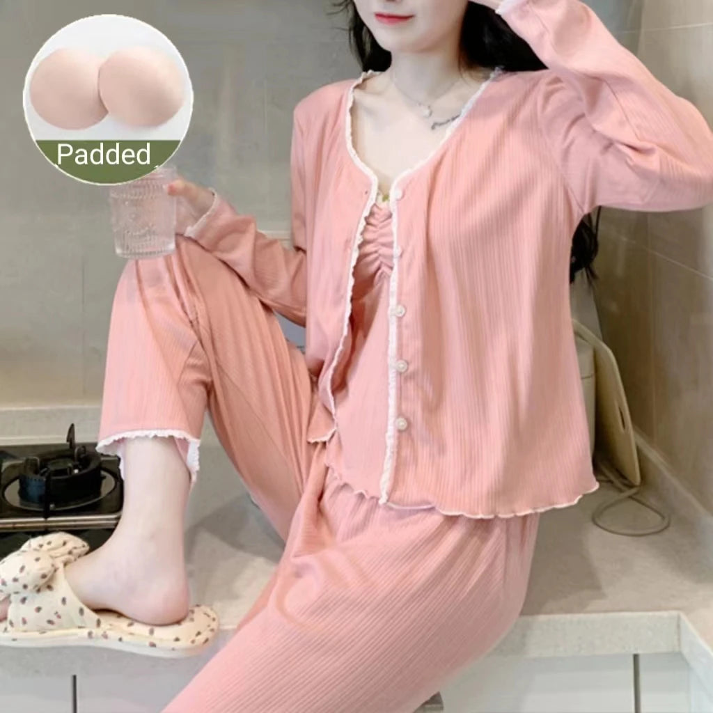 Pajamas Female Long-Sleeved Spring And Autumn Suspenders Trousers Three-Piece Set With Cushion Sweet Pajamas Homewear Suit Pink404