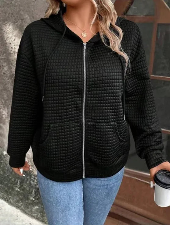 Plus size European and American cross-border autumn new casual solid color pocket zipper hooded jacket
