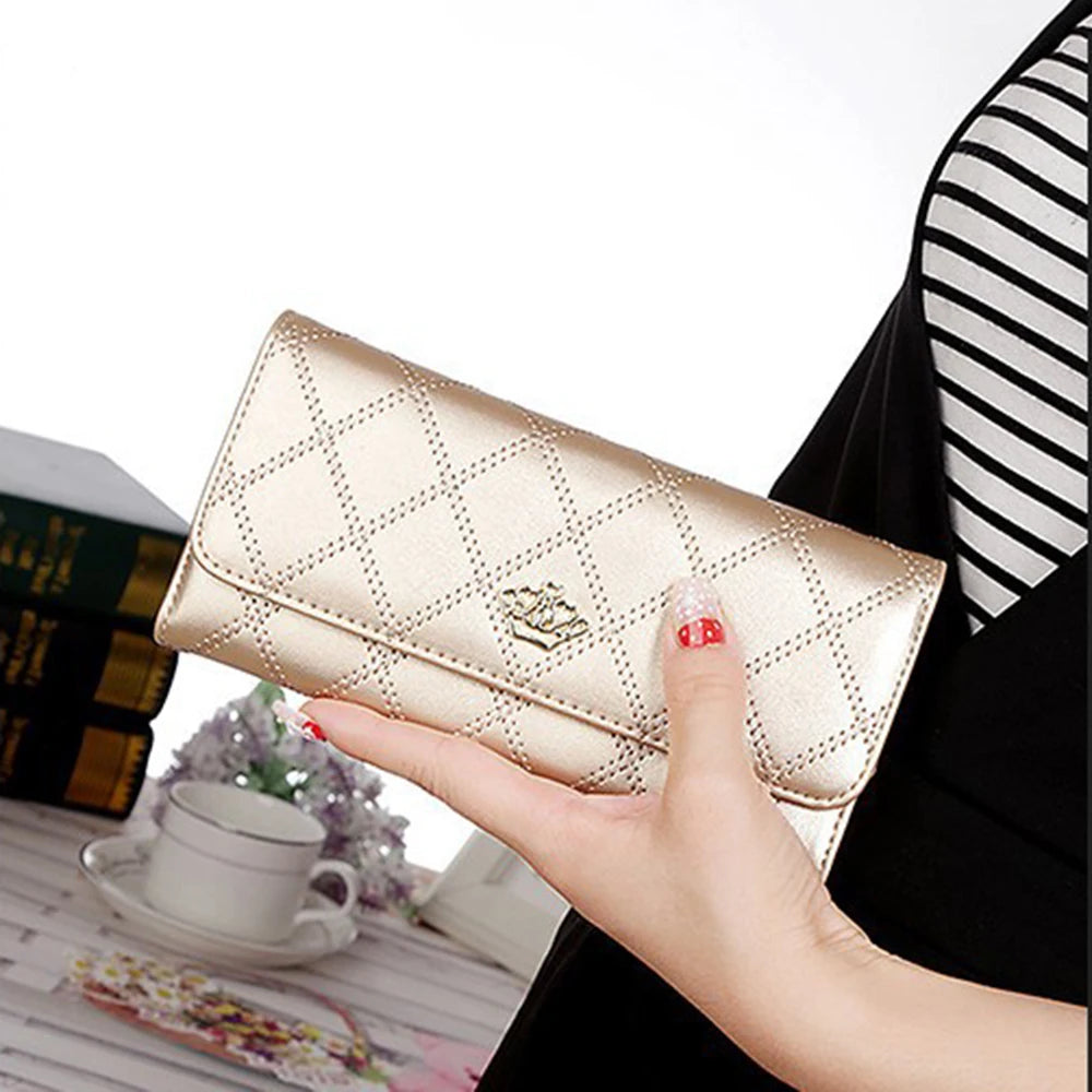 Black Long Wallets for Women PU Leather Diamond Pattern Purse Card Holder Crown Buckle Ladies Phone Bag Fashion Clutch Bag