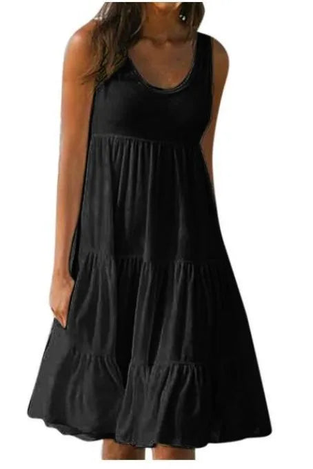 Women Causual O Neck Sleeveless Ruffles Mini Dress Boho Solid Beach Sundress Oversized Loose Dress 2023 Summer