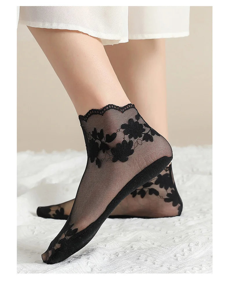 5 Pairs/Lot Socks women's Lace Transparent Lolita Invisible Summer Thin Non-slip Short Ankle Black Low Cut Boat Sock
